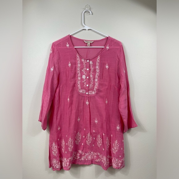 krazy kat Tops - Krazy Kat Pink White Embroidered Lightweight Tunic Blouse Colorful Floral sz XL